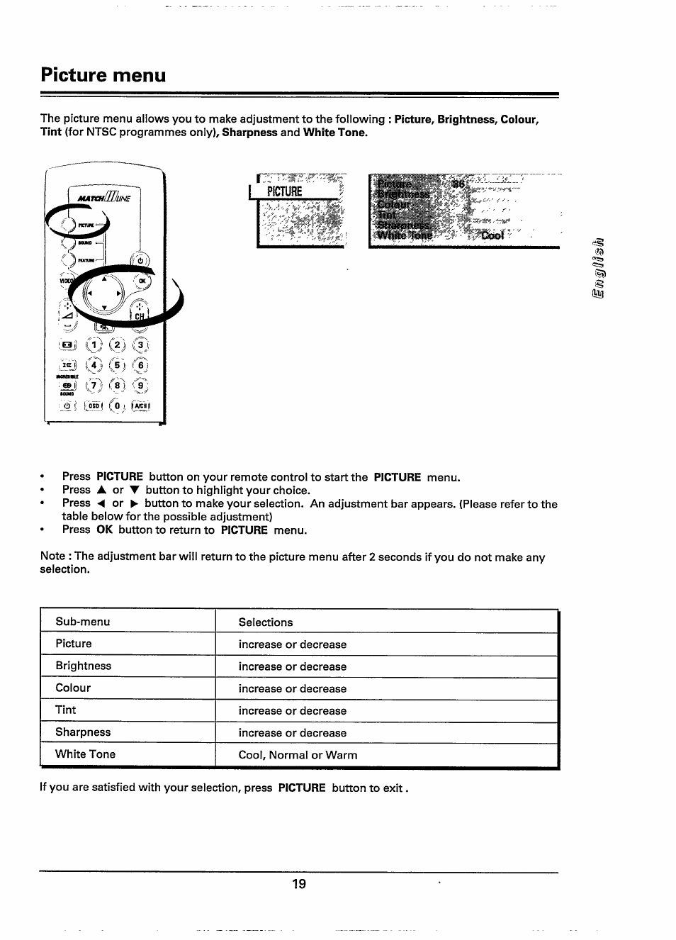 Picture menu | Philips 28PW778A User Manual | Page 19 / 50