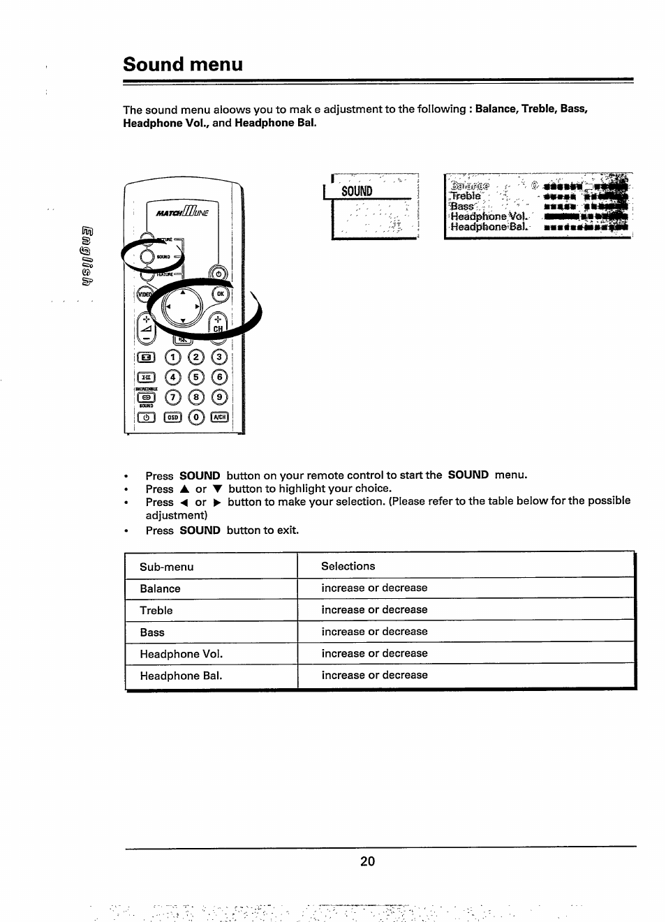 Sound menu | Philips 28PW778A User Manual | Page 20 / 50