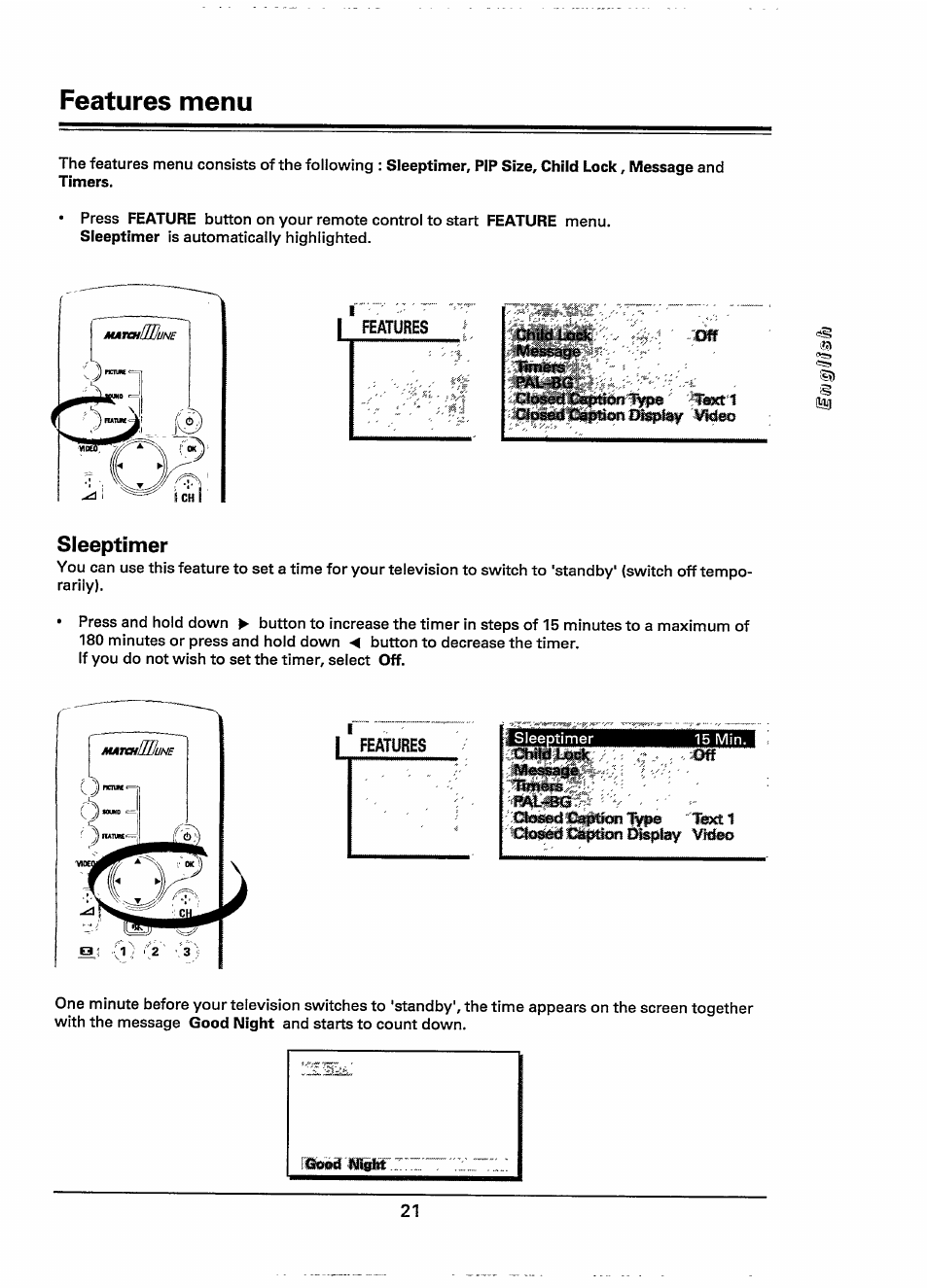 Features menu, Sleeptimer | Philips 28PW778A User Manual | Page 21 / 50