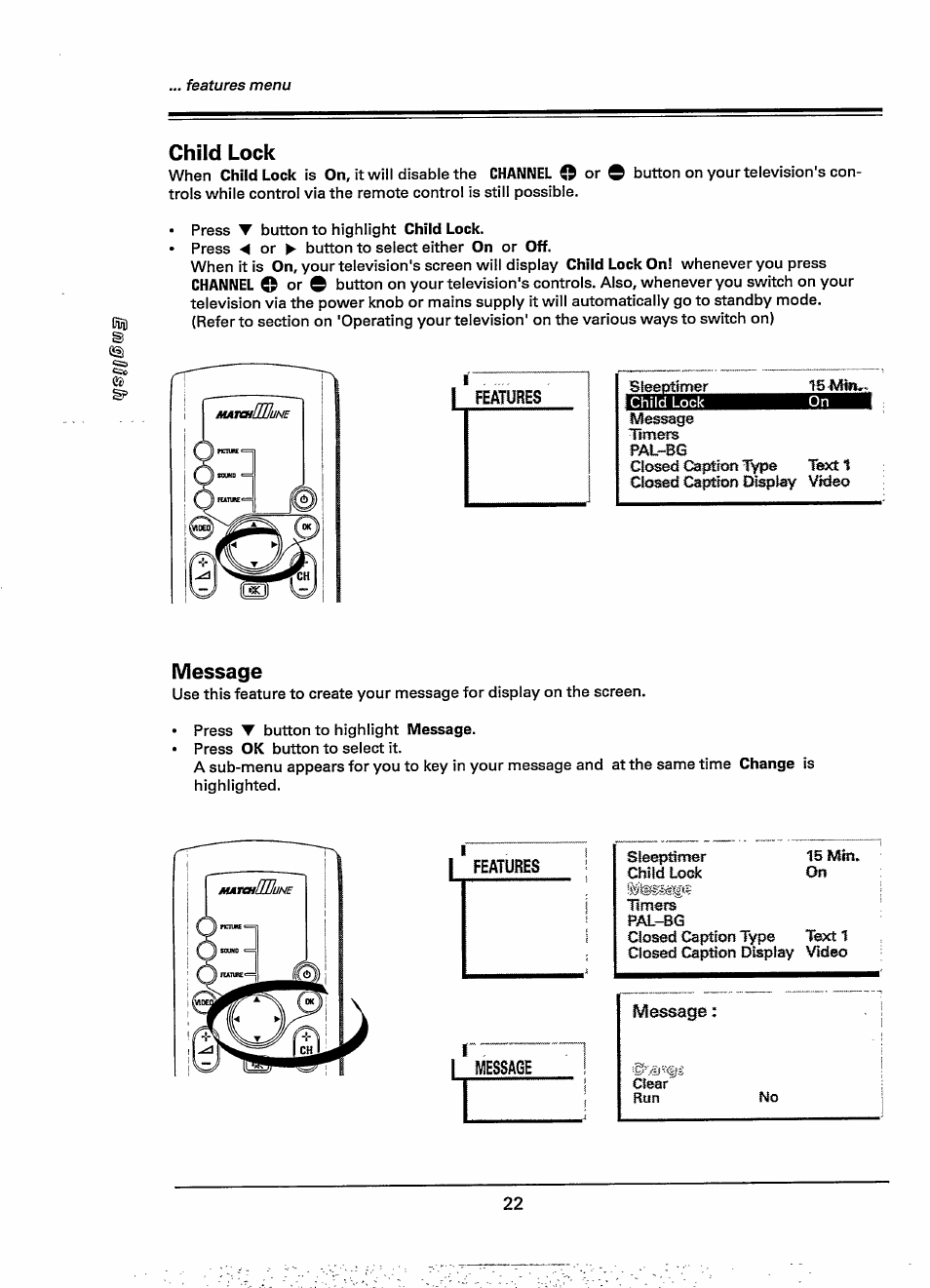 Child lock, Message | Philips 28PW778A User Manual | Page 22 / 50