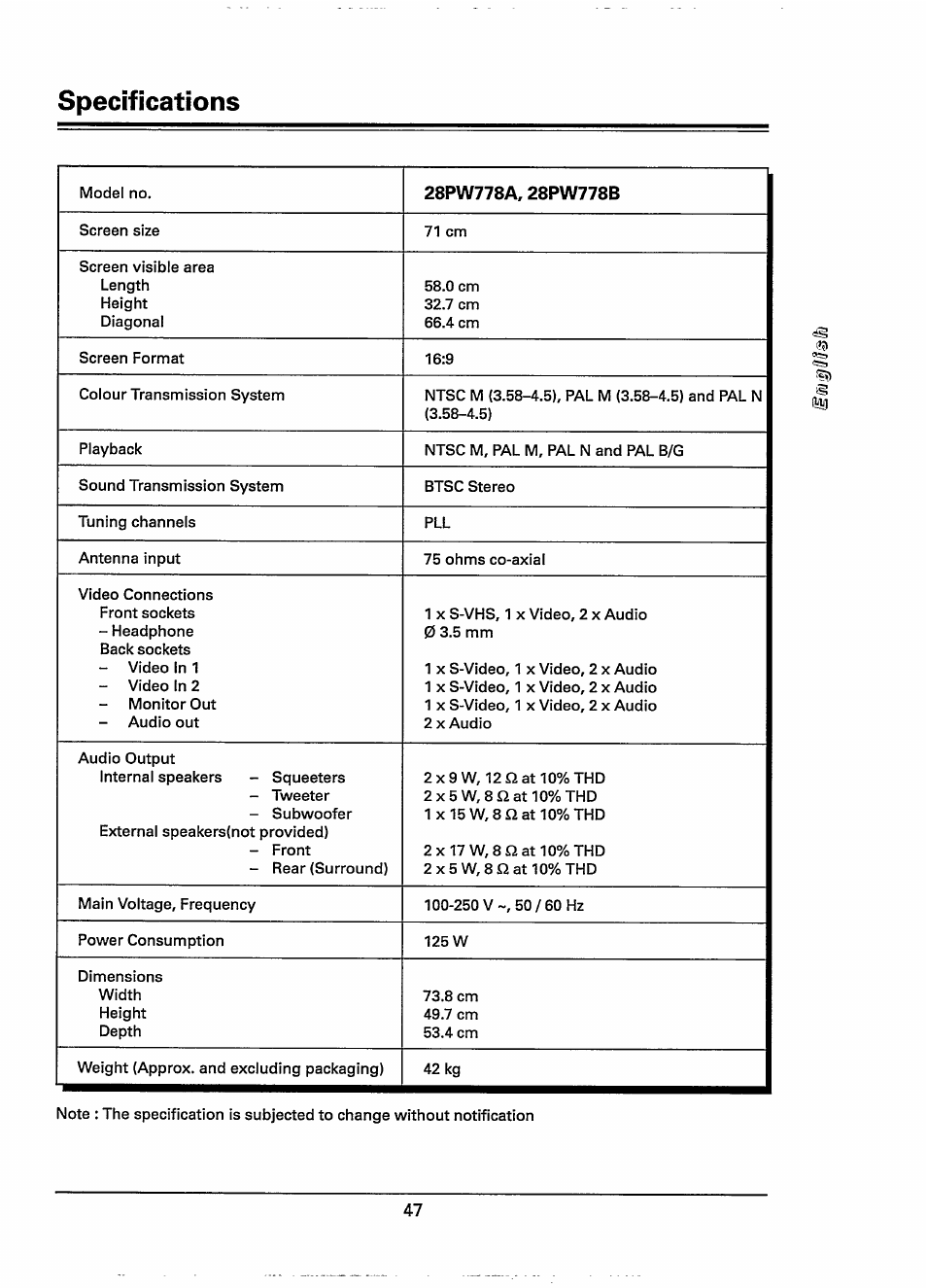 Specifications | Philips 28PW778A User Manual | Page 47 / 50