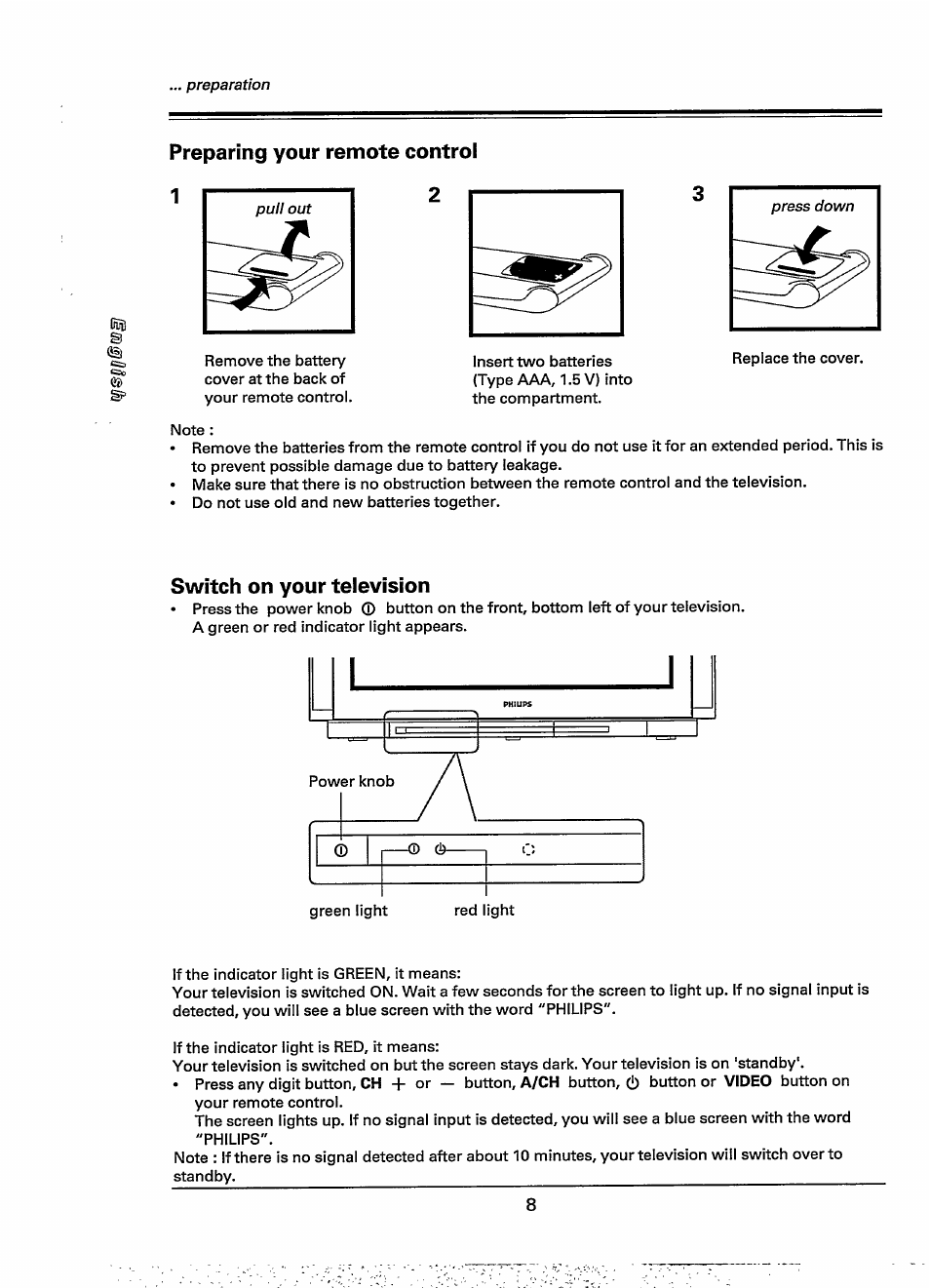 Preparing your remote control 2, Switch on your television | Philips 28PW778A User Manual | Page 8 / 50