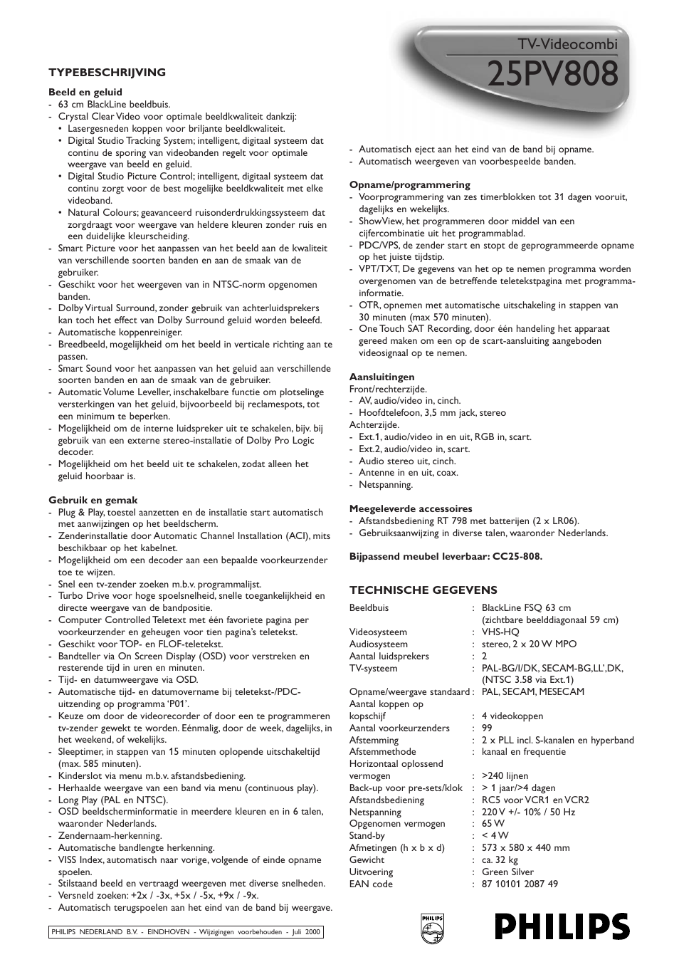Beeld en geluid, Gebruik en gemak, Opname/programmering | Aansluitingen, Meegeleverde accessoires, Bijpassend meubel leverbaar: cc25-808, Philips, Tv-videocombi | Philips 25PV808 User Manual | Page 2 / 2