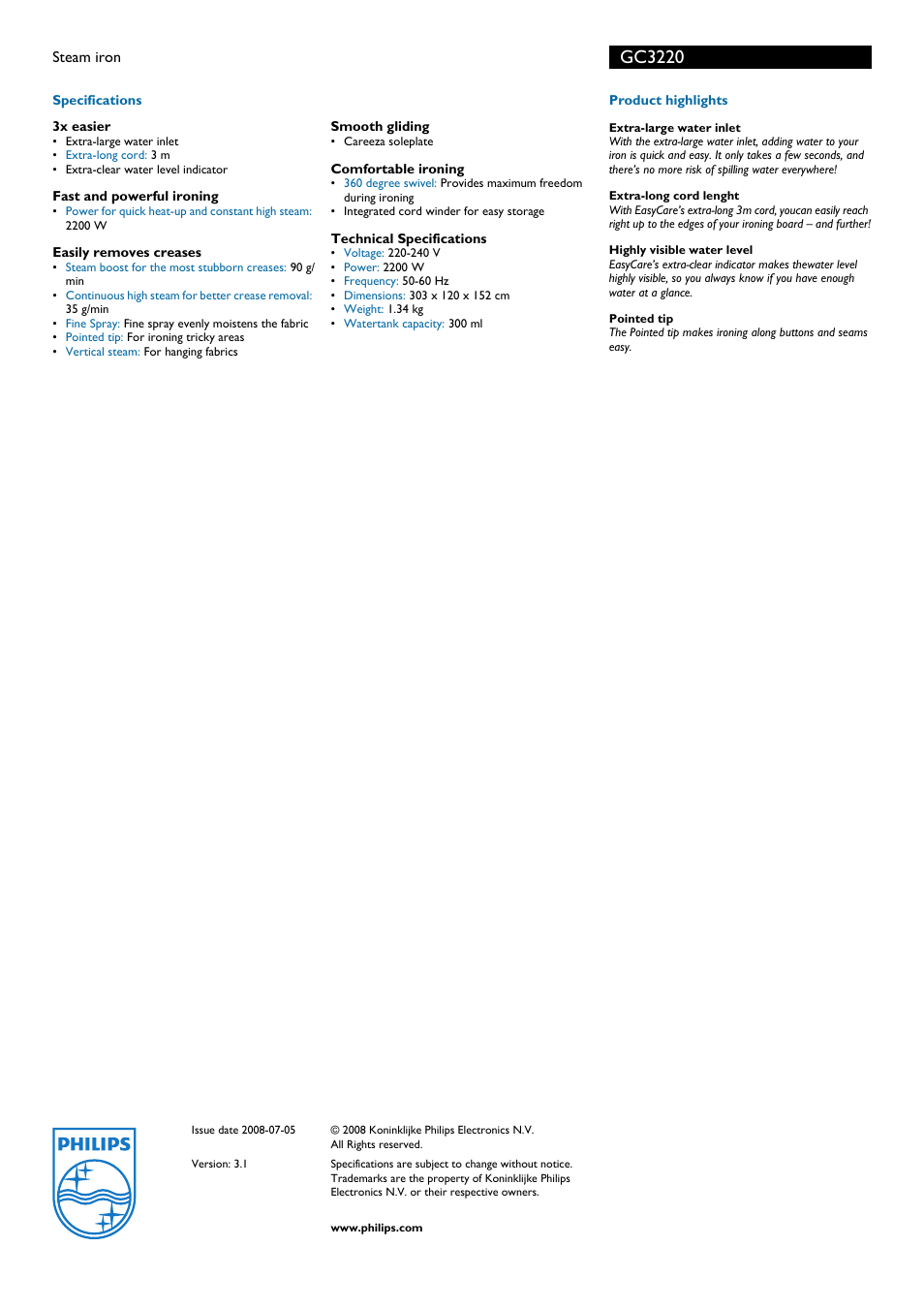 Gc3220 | Philips GC3220 User Manual | Page 2 / 2