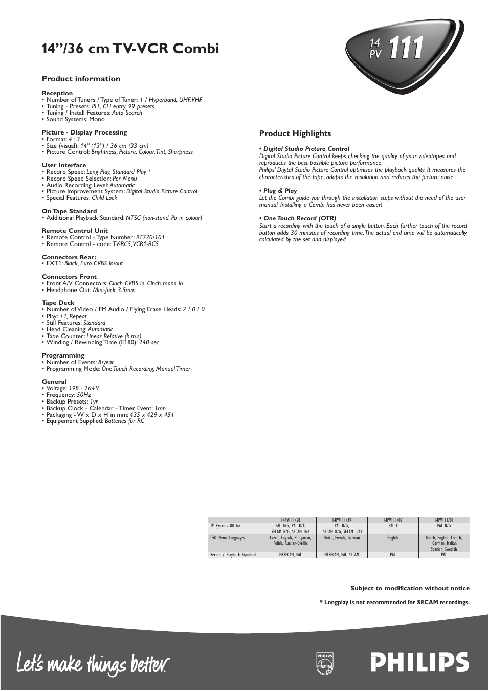 14’’/36 cm tv-vcr combi, 14 pv | Philips 14 PV 111 User Manual | Page 2 / 2