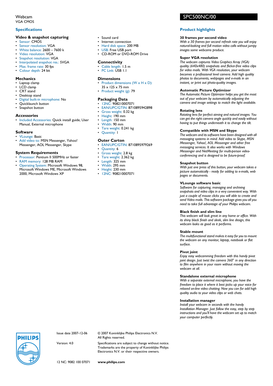 Philips SPC500NC User Manual | Page 2 / 2