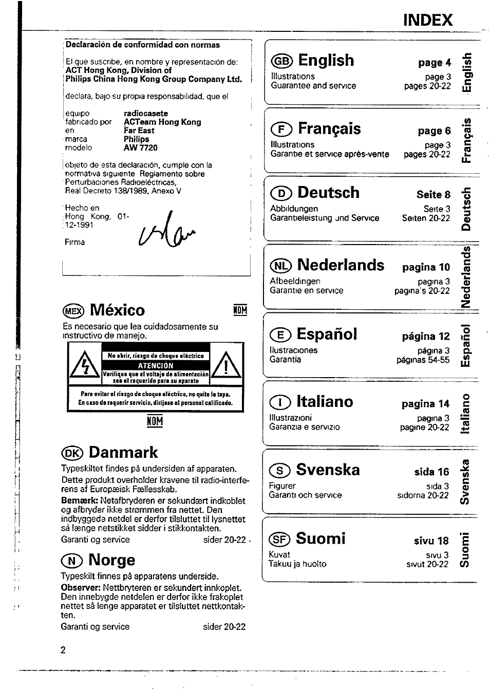 México, Danmark, Ck) norge | Ce) français, Cd español, Cd italiano, Pàgina 12, Index, English, Français | Philips AW 7720/00 User Manual | Page 2 / 8