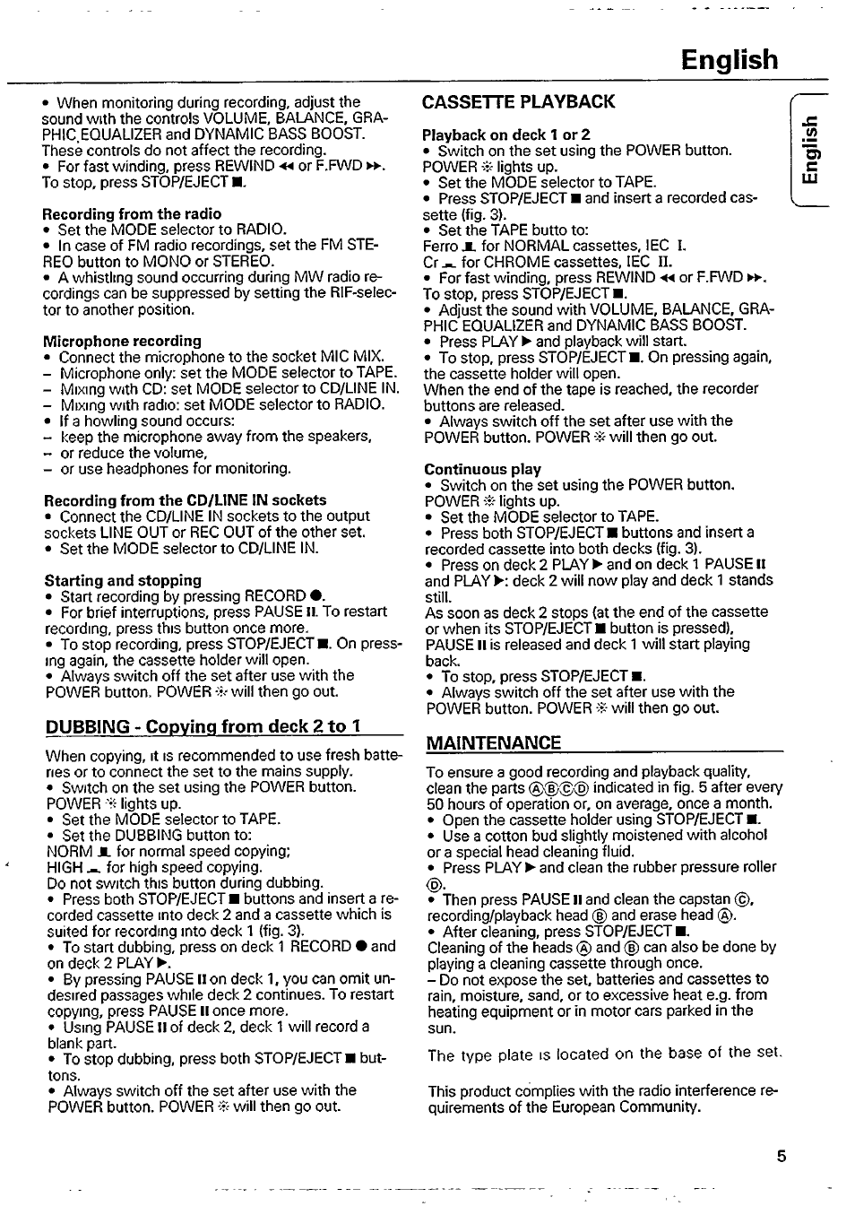 English, Dubbing - copying from deck 2 to 1, Cassette playback | Maintenance | Philips AW 7720/00 User Manual | Page 5 / 8