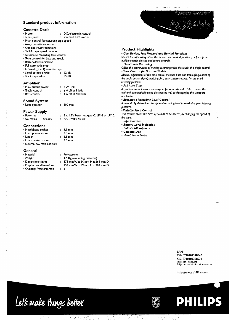 Philips, Ldh mh, Amplifier | Sound system, Power supply, Connections | Philips AQ6455/05 User Manual | Page 2 / 2