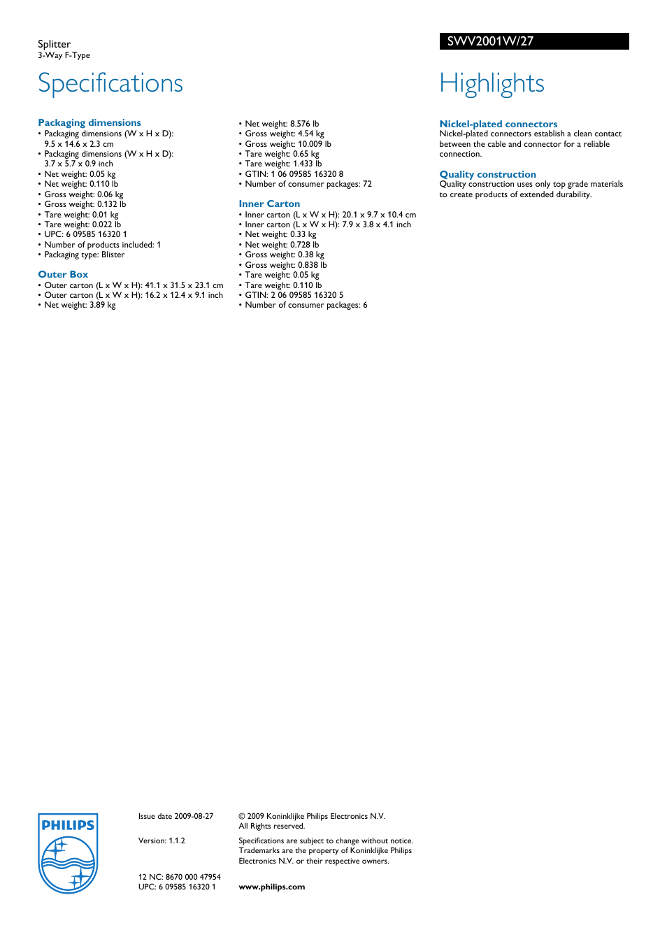 Specifications, Highlights | Philips F-Type SWV2001W/27 User Manual | Page 2 / 2