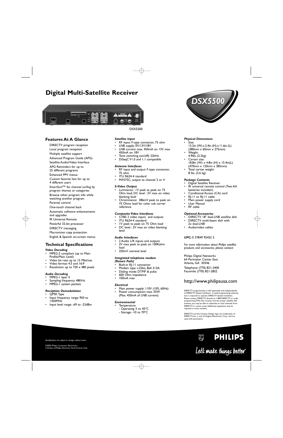 Dsx5500, Digital multi-satellite receiver, Features at a glance | Technical specifications | Philips DSX5500 User Manual | Page 2 / 2