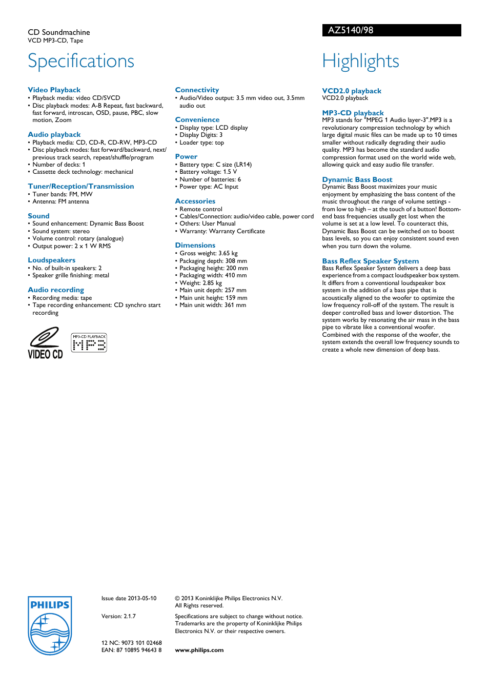 Specifications, Highlights | Philips AZ5140/98 User Manual | Page 2 / 2