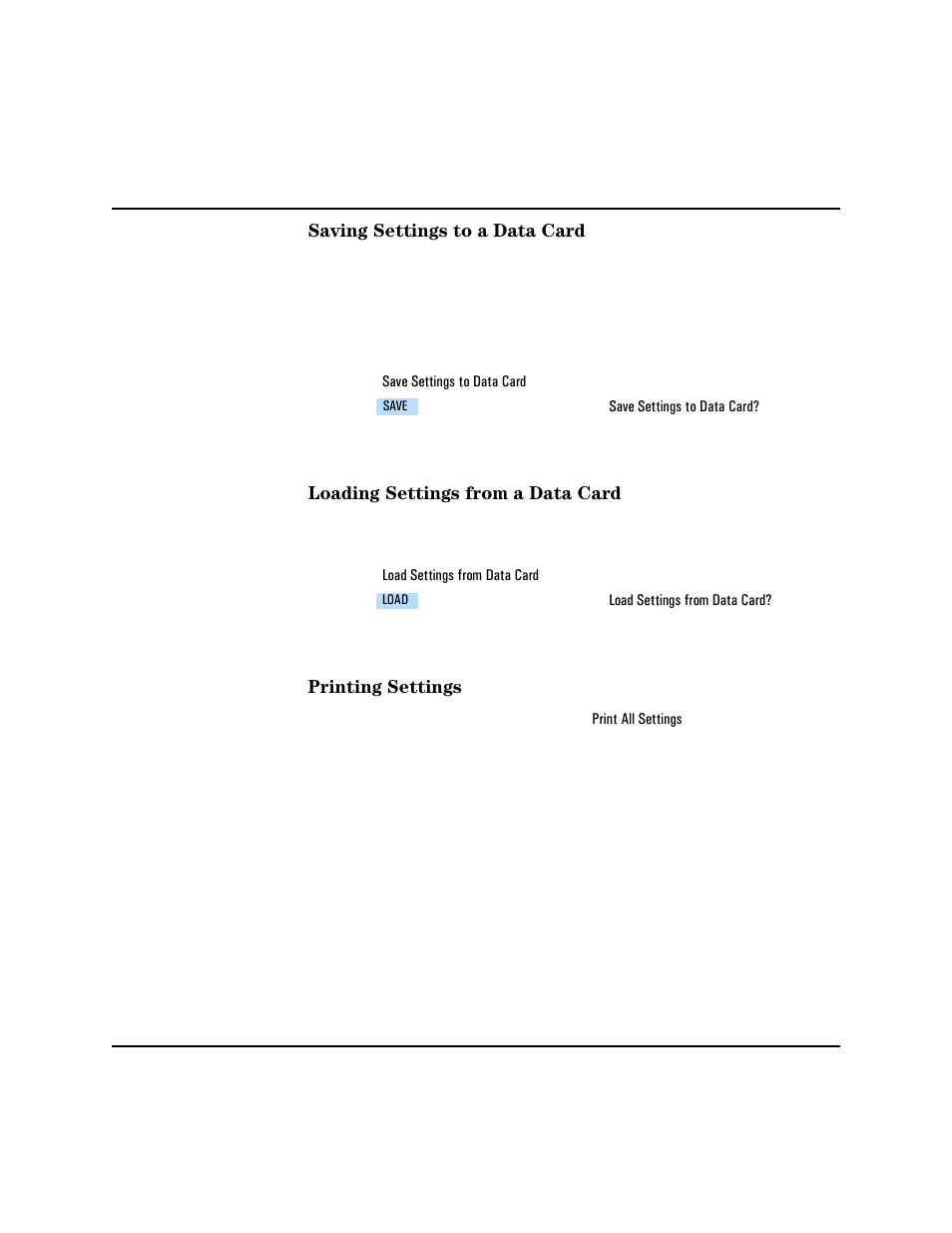 Saving settings to a data card, Loading settings from a data card, Printing settings | Philips HEARTSTART XLT M3500B User Manual | Page 114 / 180