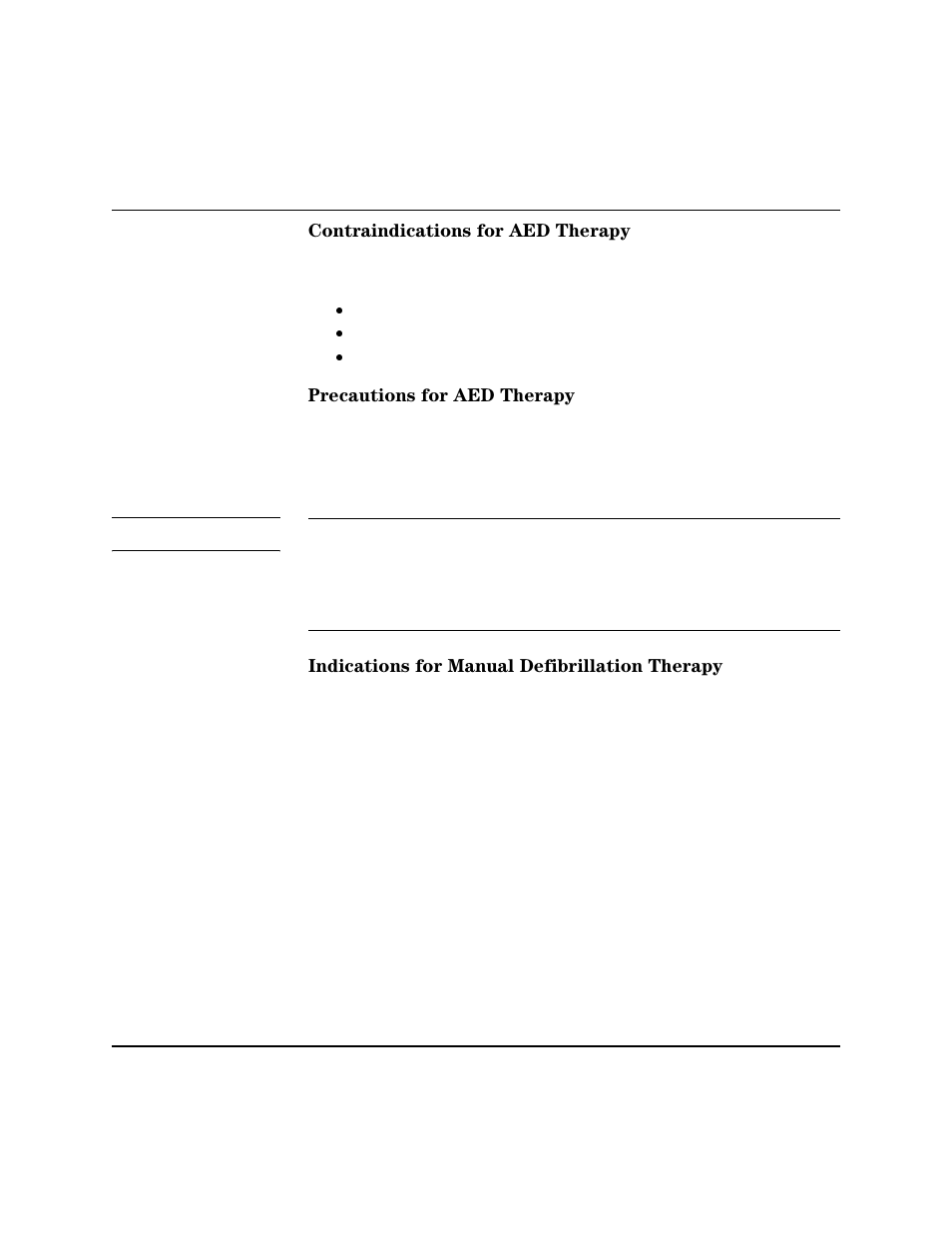 Contraindications for aed therapy, Precautions for aed therapy, Indications for manual defibrillation therapy | Philips HEARTSTART XLT M3500B User Manual | Page 16 / 180