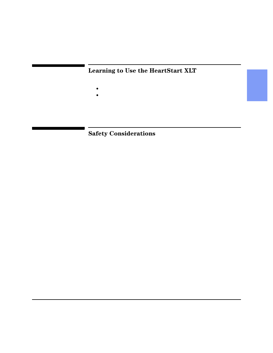 Learning to use the heartstart xlt, Safety considerations | Philips HEARTSTART XLT M3500B User Manual | Page 19 / 180