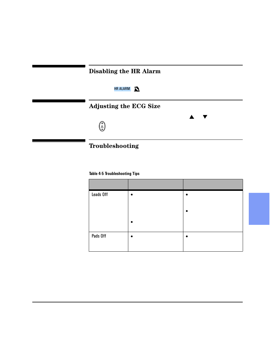 Disabling the hr alarm, Adjusting the ecg size, Troubleshooting | Philips HEARTSTART XLT M3500B User Manual | Page 59 / 180