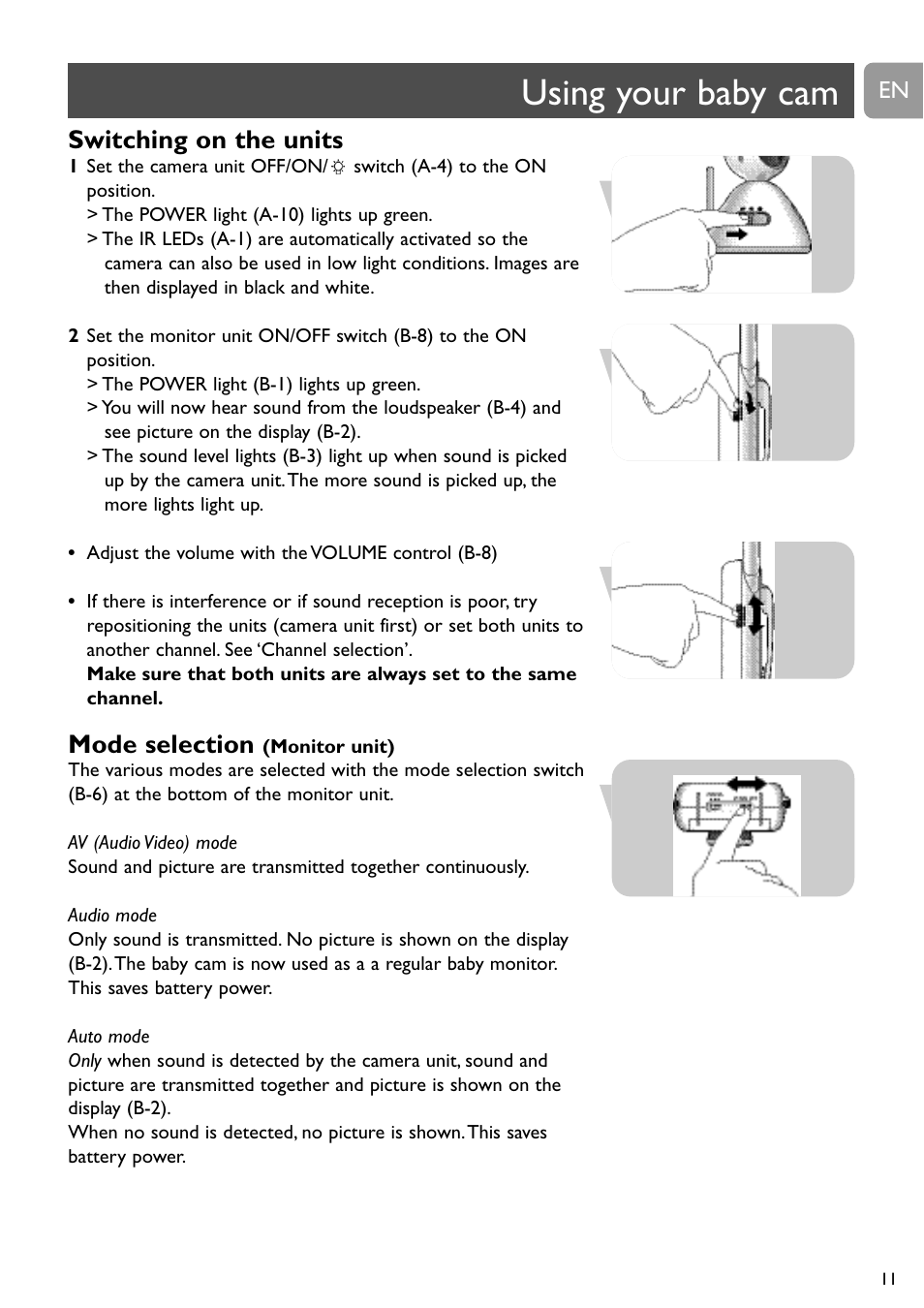 Using your baby cam, Switching on the units, Mode selection | Philips SCD491 User Manual | Page 10 / 211