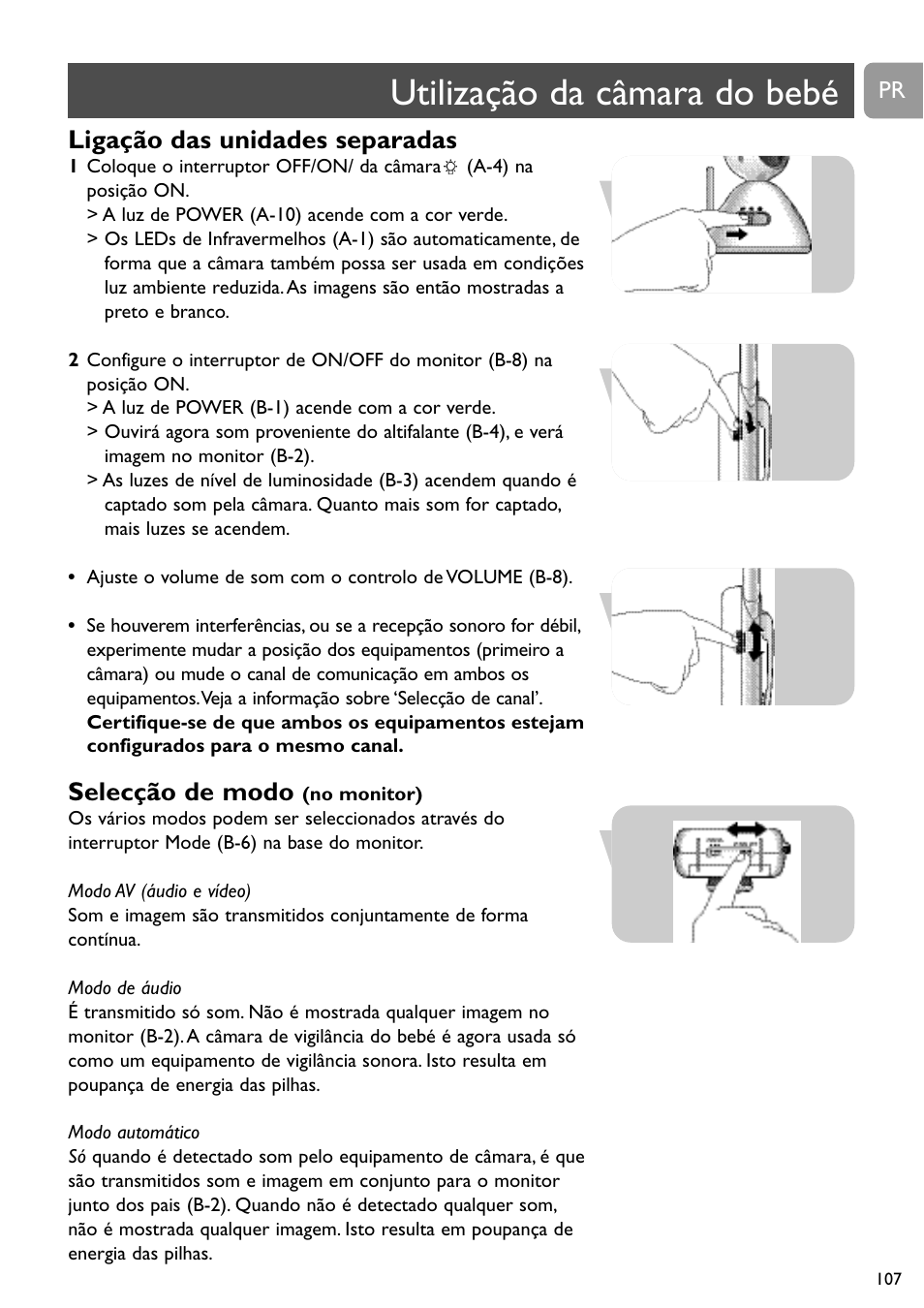 Utilização da câmara do bebé, Ligação das unidades separadas, Selecção de modo | Philips SCD491 User Manual | Page 106 / 211