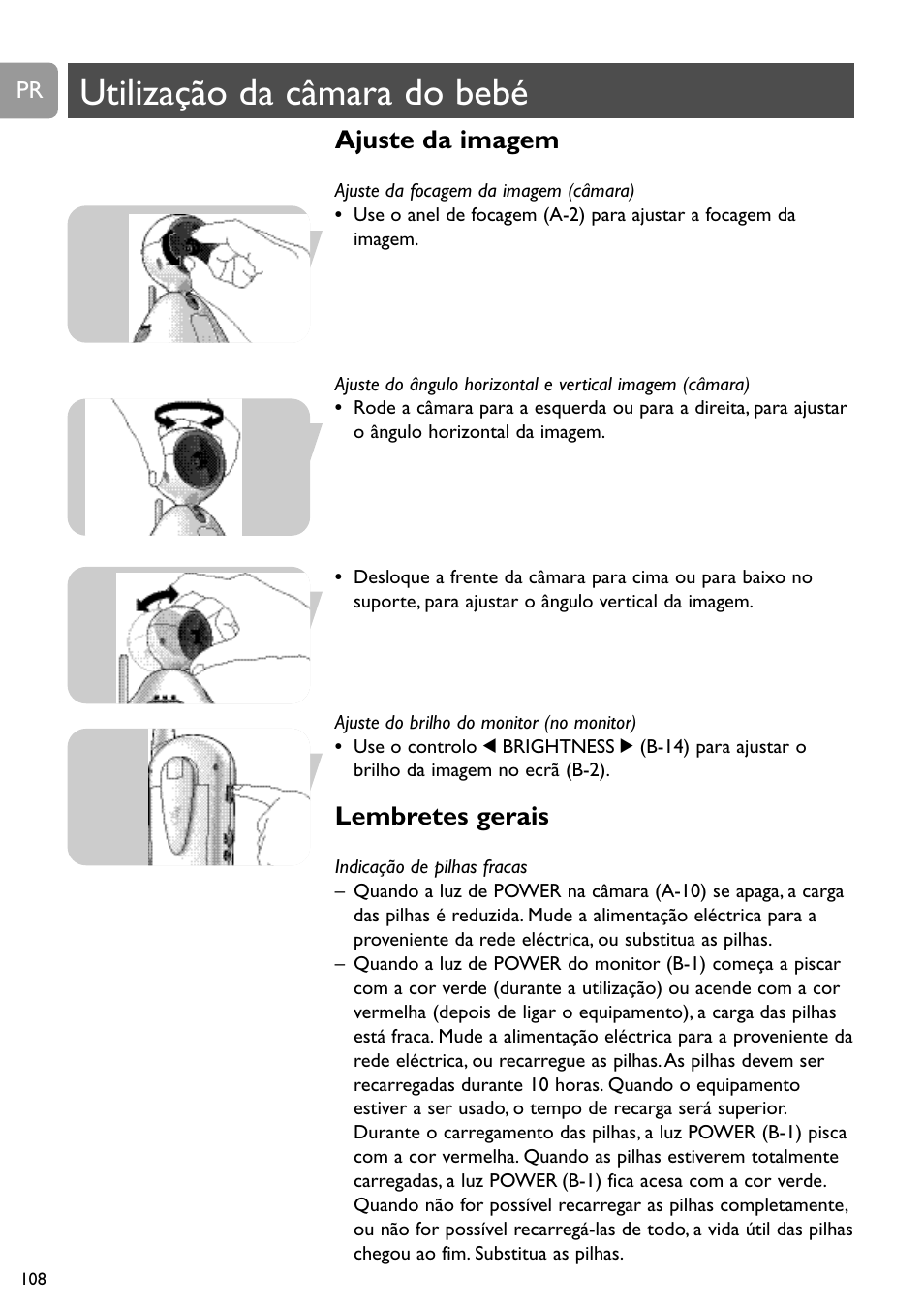 Utilização da câmara do bebé, Ajuste da imagem, Lembretes gerais | Philips SCD491 User Manual | Page 107 / 211