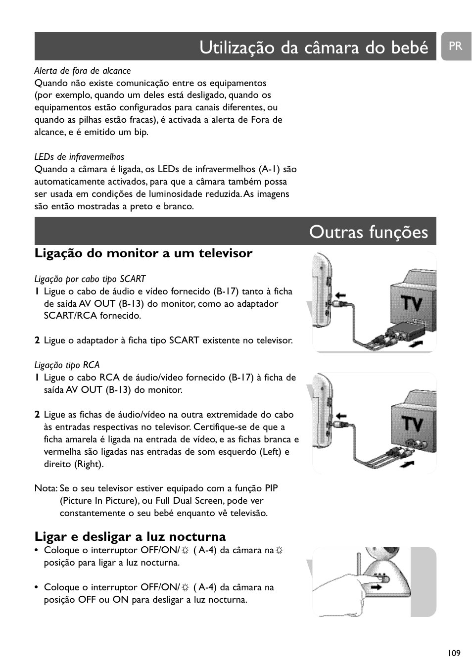 Utilização da câmara do bebé outras funções, Ligação do monitor a um televisor, Ligar e desligar a luz nocturna | Philips SCD491 User Manual | Page 108 / 211