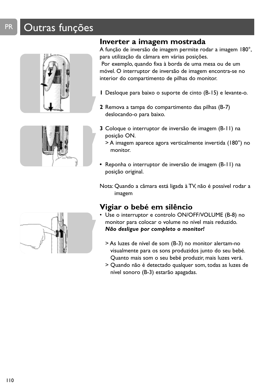 Outras funções, Inverter a imagem mostrada, Vigiar o bebé em silêncio | Philips SCD491 User Manual | Page 109 / 211