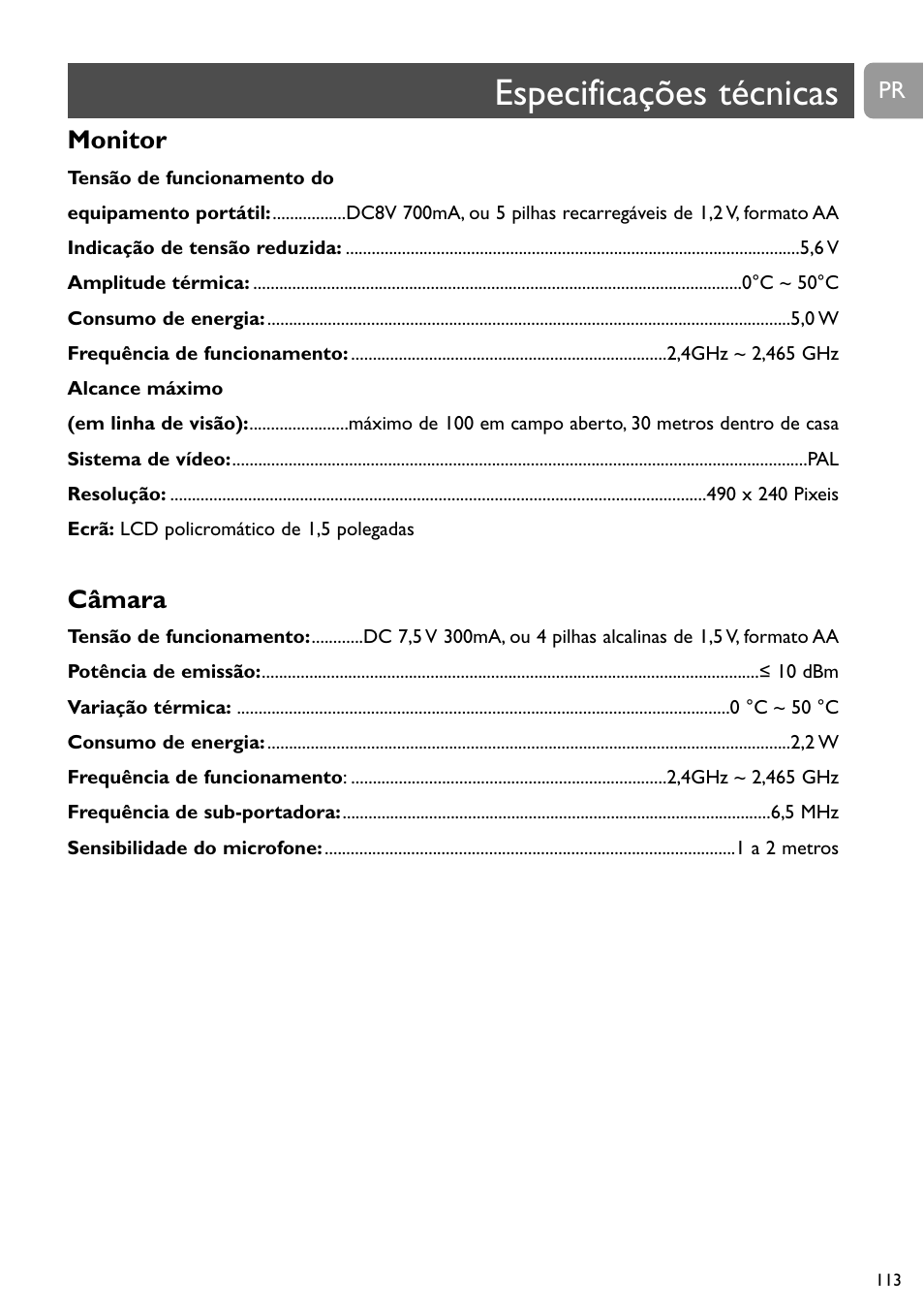 Especificações técnicas, Monitor, Câmara | Philips SCD491 User Manual | Page 112 / 211