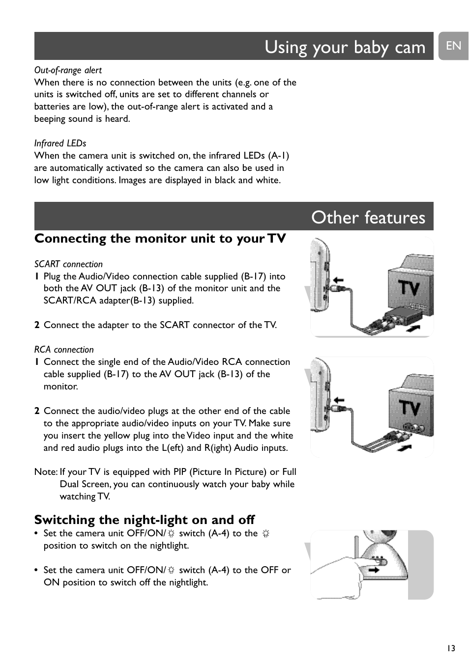 Using your baby cam other features, Connecting the monitor unit to your tv, Switching the night-light on and off | Philips SCD491 User Manual | Page 12 / 211