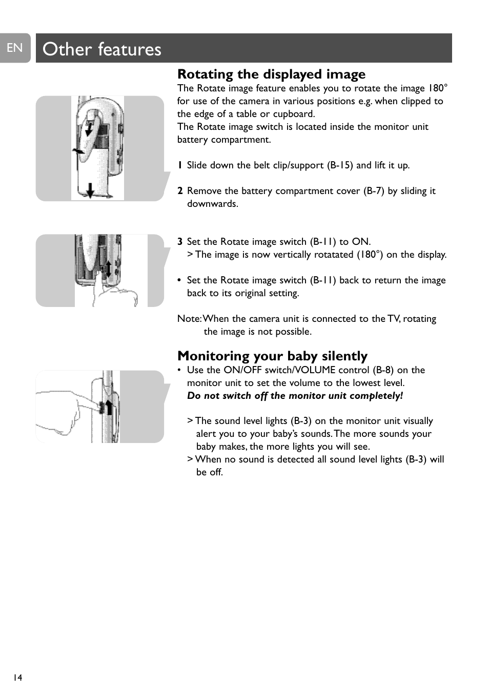 Other features, Rotating the displayed image, Monitoring your baby silently | Philips SCD491 User Manual | Page 13 / 211