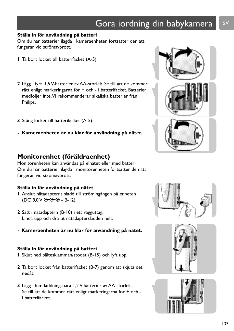 Göra iordning din babykamera, Monitorenhet (föräldraenhet) | Philips SCD491 User Manual | Page 136 / 211