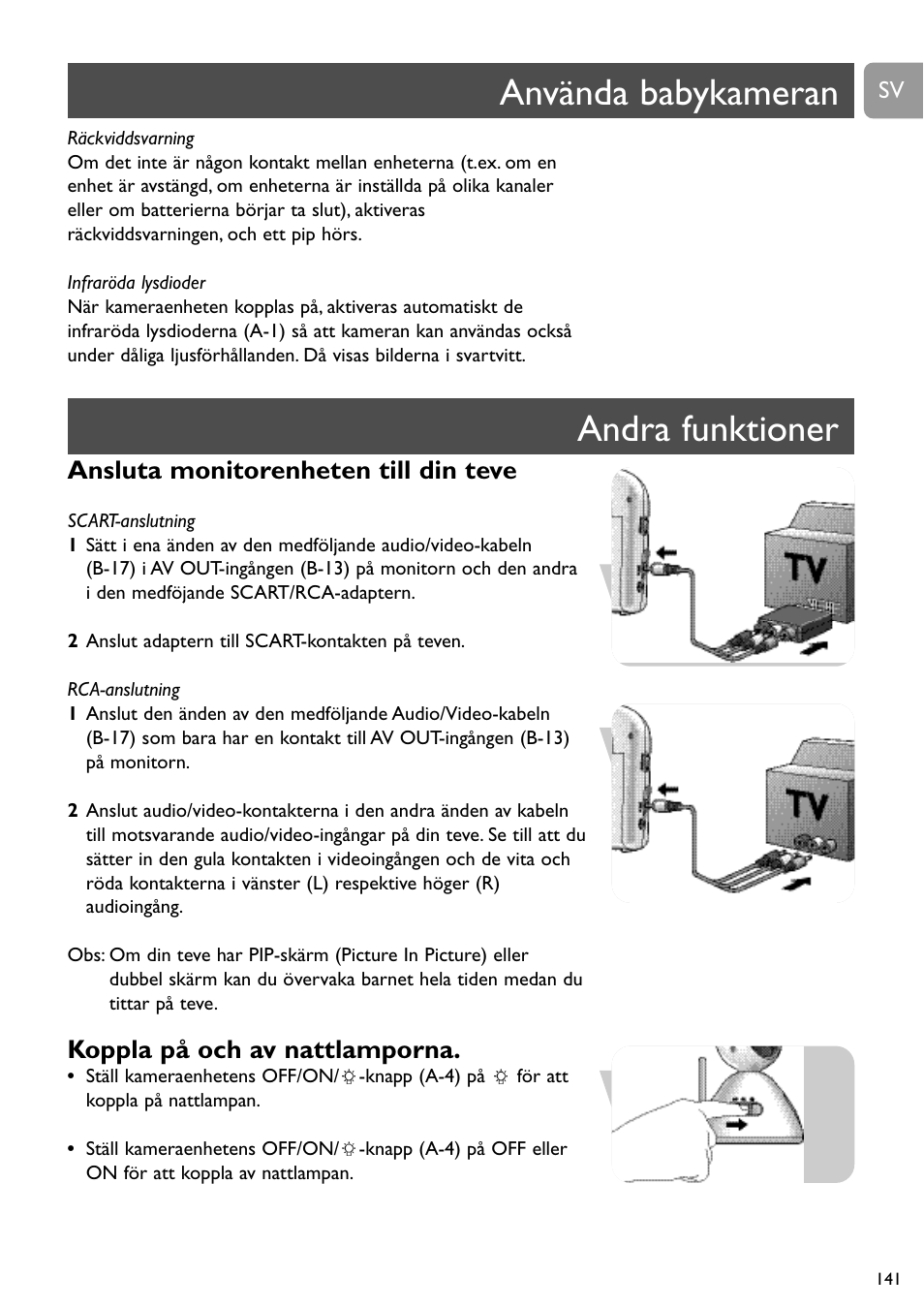 Använda babykameran andra funktioner, Ansluta monitorenheten till din teve, Koppla på och av nattlamporna | Philips SCD491 User Manual | Page 140 / 211