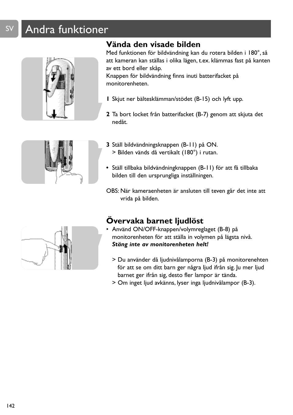 Andra funktioner, Vända den visade bilden, Övervaka barnet ljudlöst | Philips SCD491 User Manual | Page 141 / 211