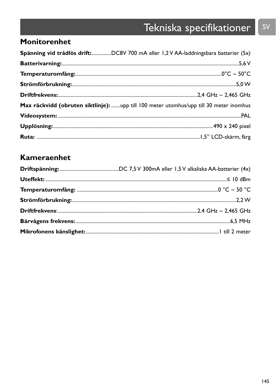 Tekniska specifikationer, Monitorenhet, Kameraenhet | Philips SCD491 User Manual | Page 144 / 211