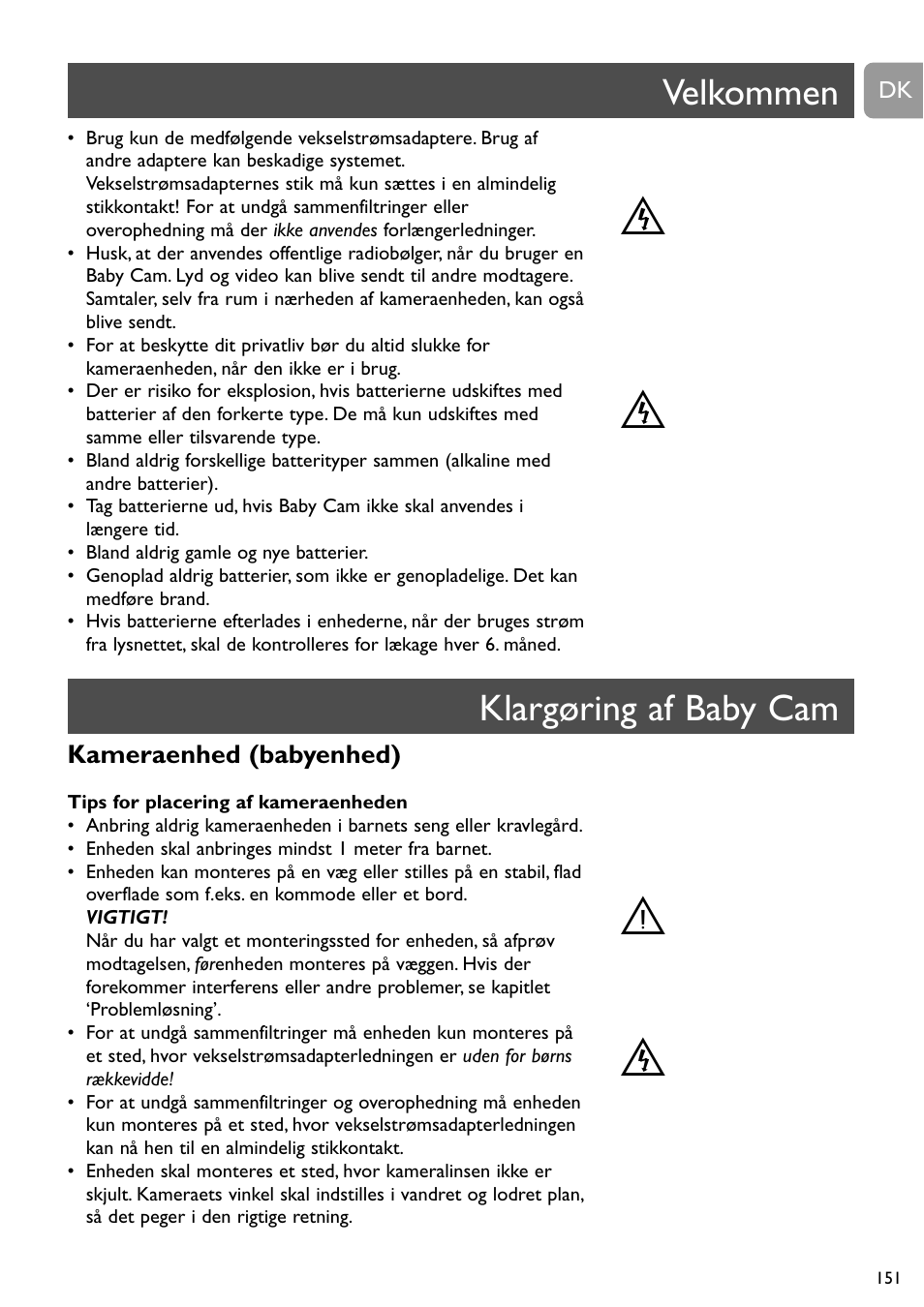 St t t, Velkommen, Klargøring af baby cam | Philips SCD491 User Manual | Page 150 / 211
