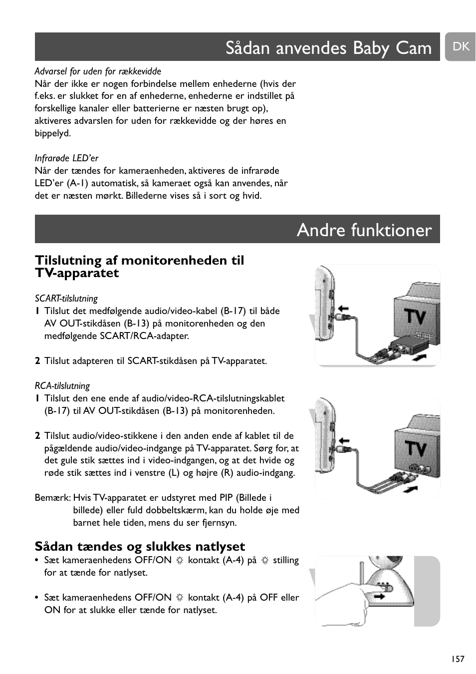 Sådan anvendes baby cam andre funktioner, Tilslutning af monitorenheden til tv-apparatet, Sådan tændes og slukkes natlyset | Philips SCD491 User Manual | Page 156 / 211