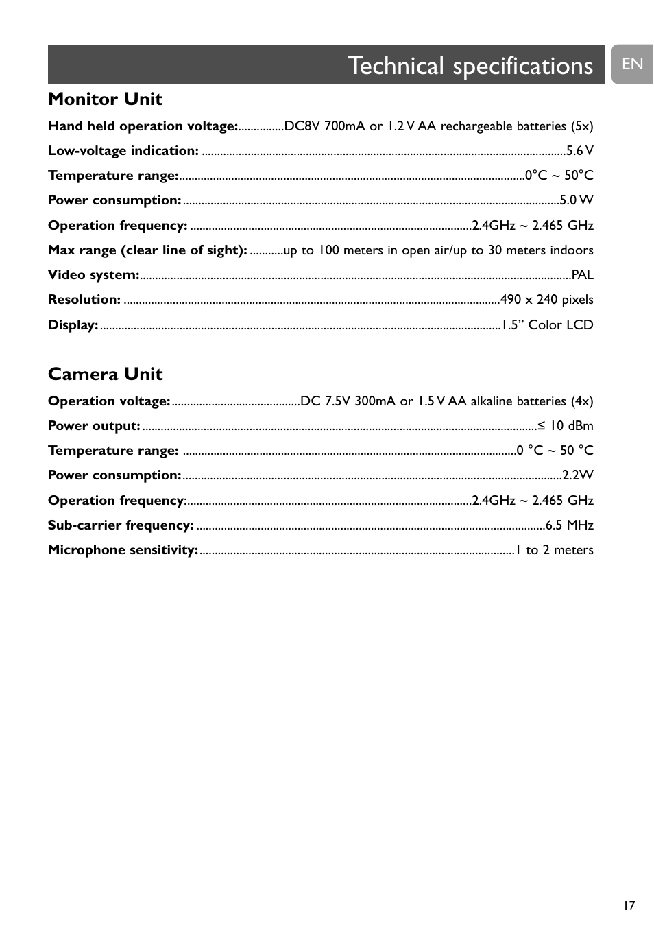 Technical specifications, Monitor unit, Camera unit | Philips SCD491 User Manual | Page 16 / 211
