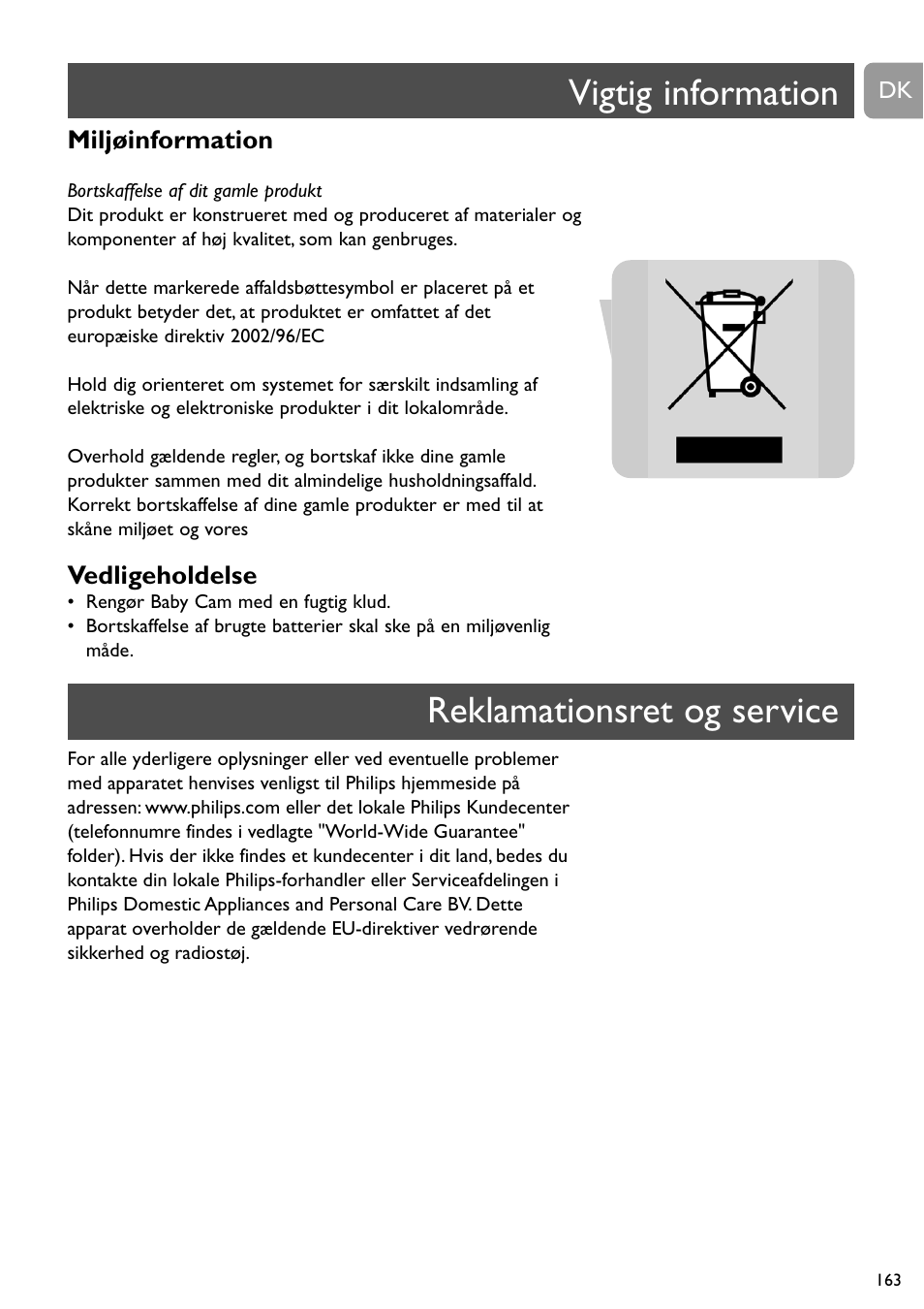 Vigtig information reklamationsret og service | Philips SCD491 User Manual | Page 162 / 211