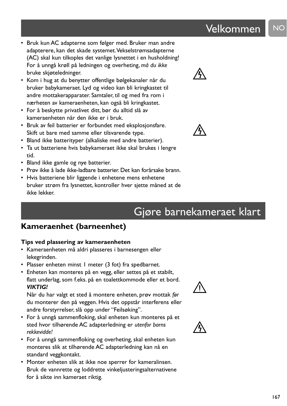 St t t, Velkommen, Gjøre barnekameraet klart | Philips SCD491 User Manual | Page 166 / 211