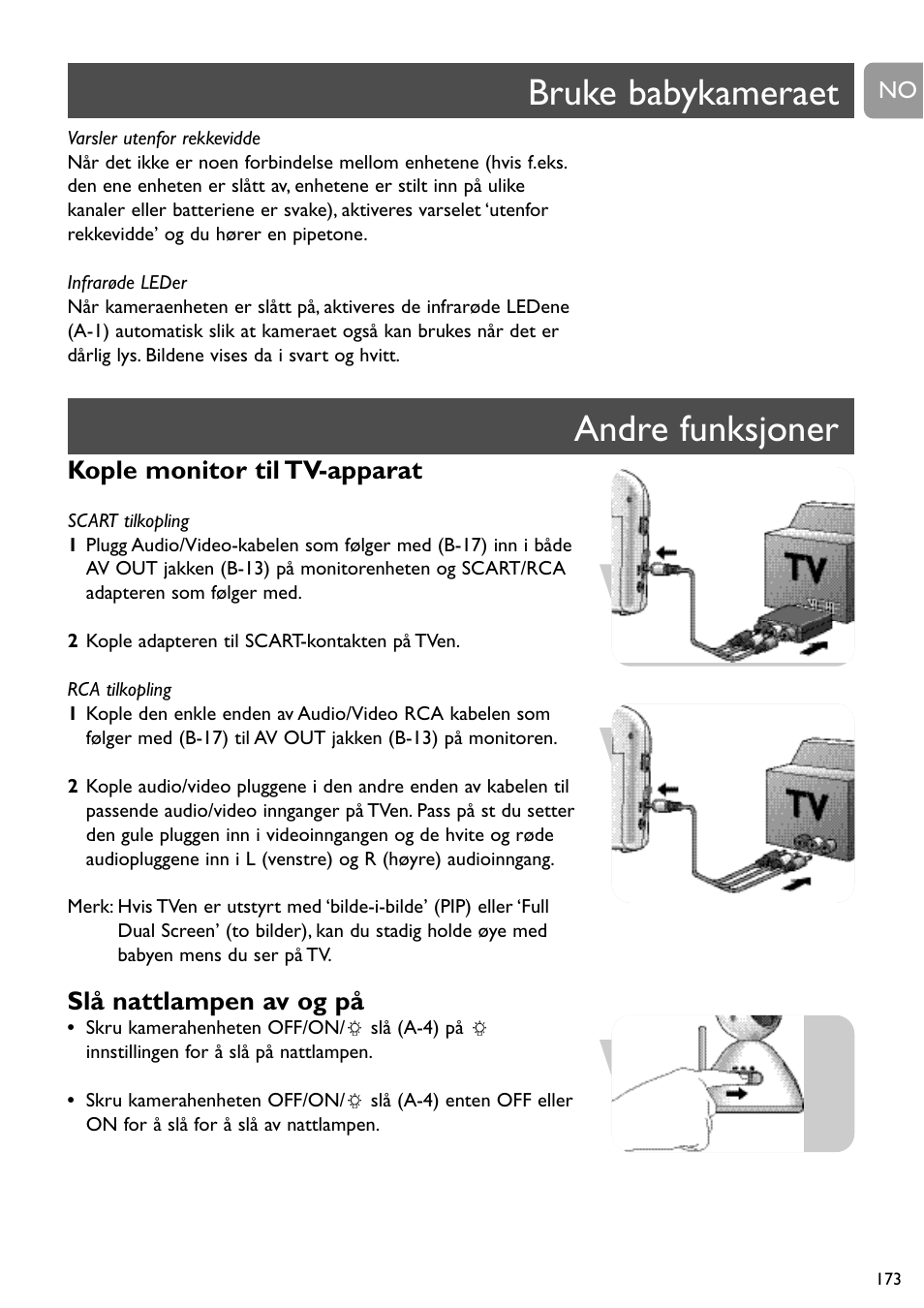 Bruke babykameraet andre funksjoner, Kople monitor til tv-apparat, Slå nattlampen av og på | Philips SCD491 User Manual | Page 172 / 211