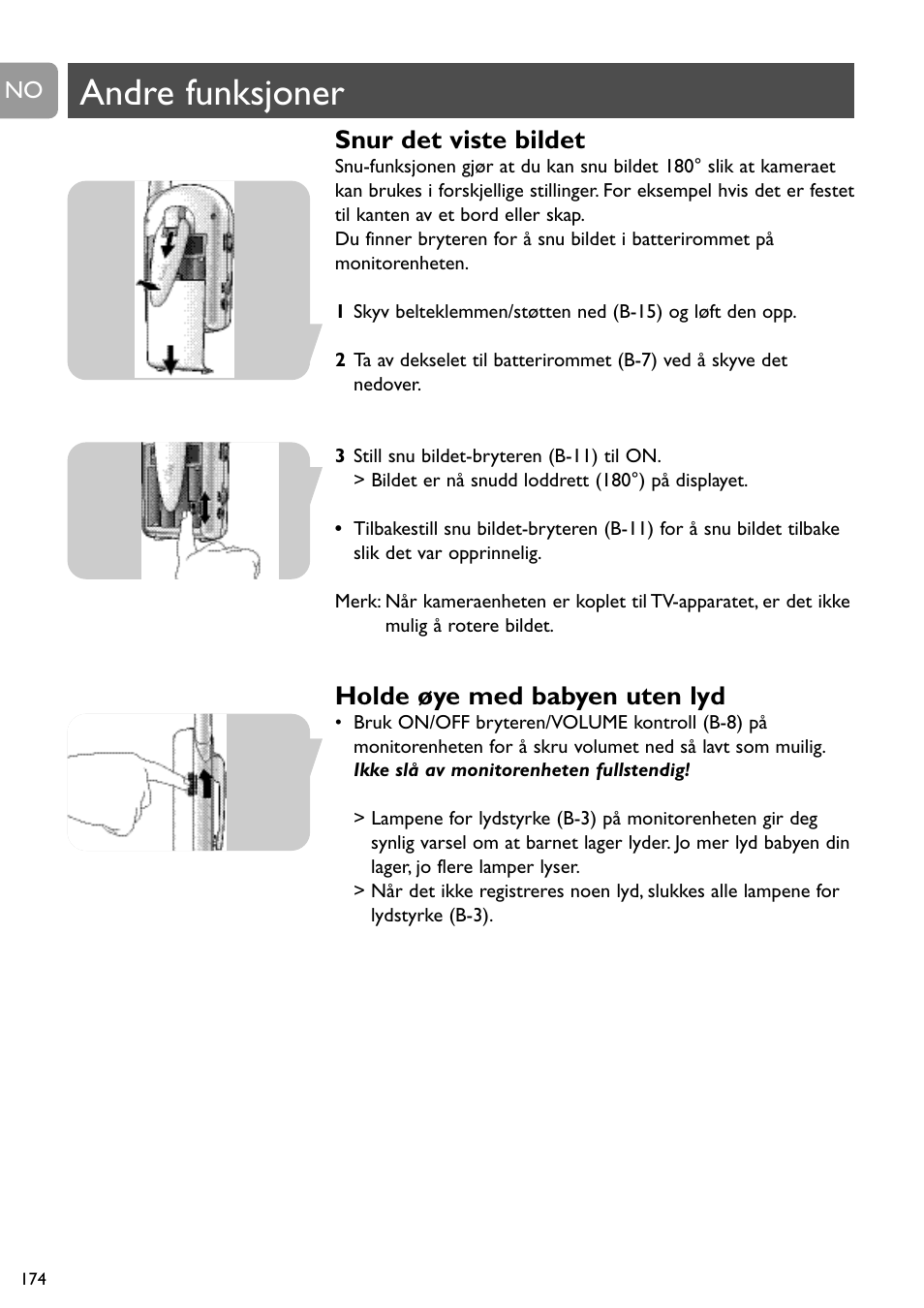 Andre funksjoner, Snur det viste bildet, Holde øye med babyen uten lyd | Philips SCD491 User Manual | Page 173 / 211