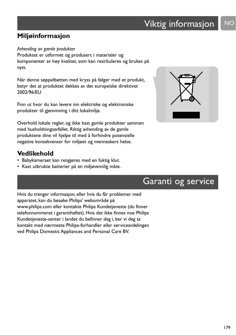 Viktig informasjon garanti og service | Philips SCD491 User Manual | Page 178 / 211