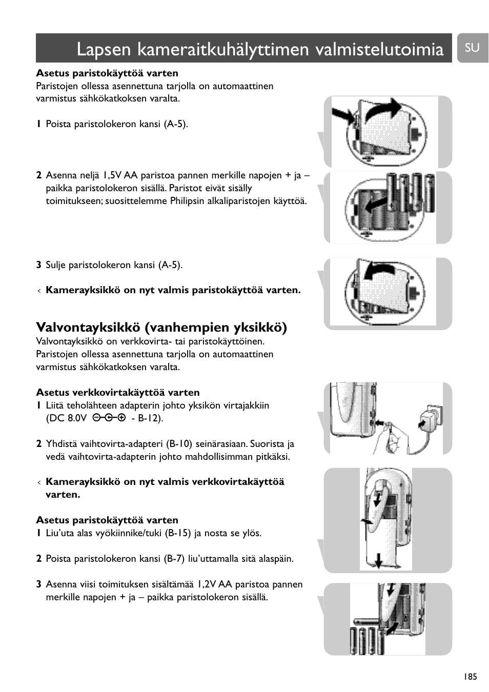 Lapsen kameraitkuhälyttimen valmistelutoimia, Valvontayksikkö (vanhempien yksikkö) | Philips SCD491 User Manual | Page 184 / 211