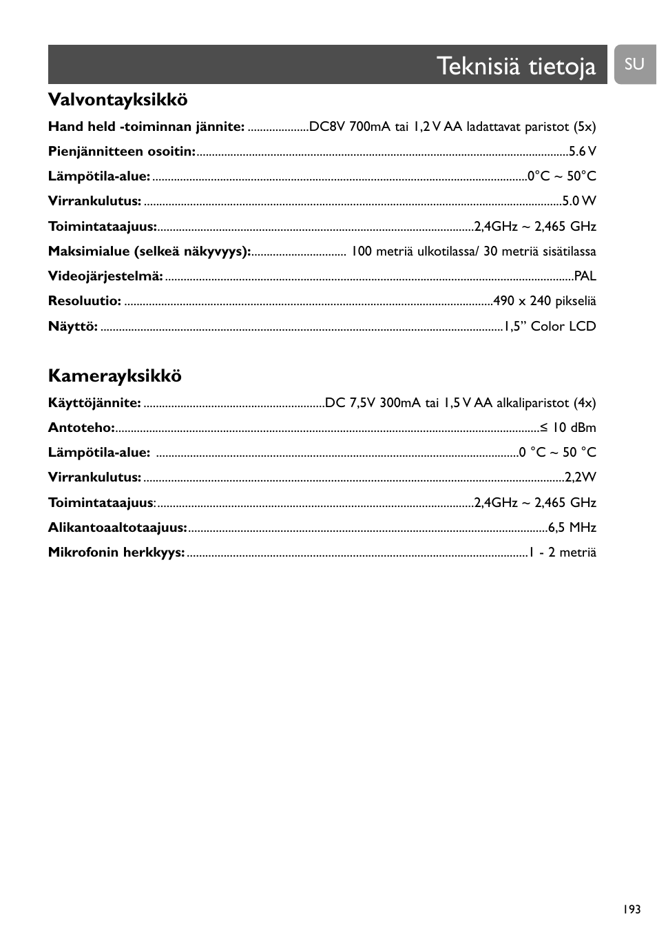 Teknisiä tietoja, Valvontayksikkö, Kamerayksikkö | Philips SCD491 User Manual | Page 192 / 211