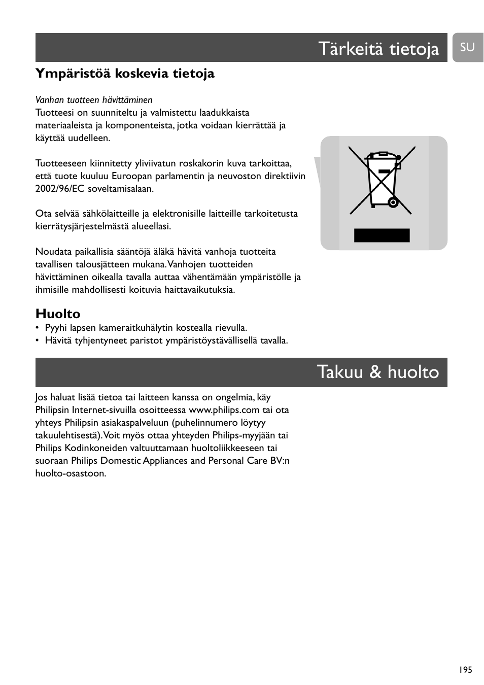 Tärkeitä tietoja takuu & huolto | Philips SCD491 User Manual | Page 194 / 211