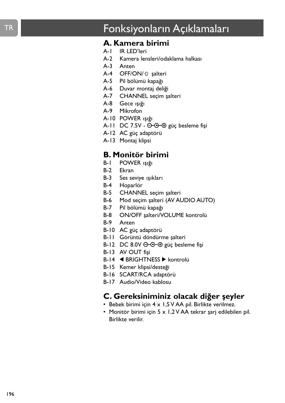 Fonksiyonların açıklamaları, A. kamera birimi, B. monitör birimi | C. gereksiniminiz olacak diğer şeyler | Philips SCD491 User Manual | Page 195 / 211