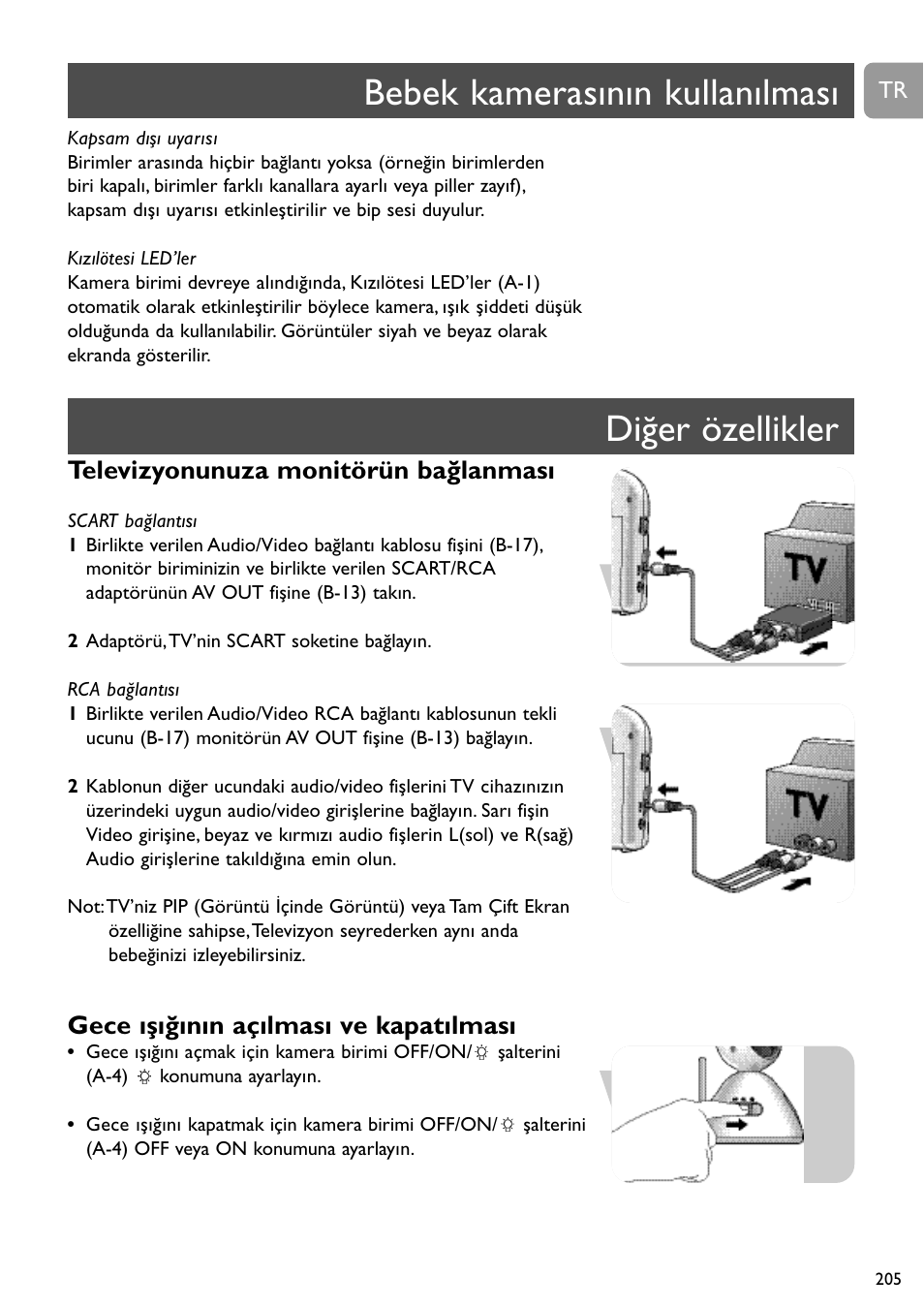 Bebek kamerasının kullanılması diğer özellikler, Televizyonunuza monitörün bağlanması, Gece ışığının açılması ve kapatılması | Philips SCD491 User Manual | Page 204 / 211