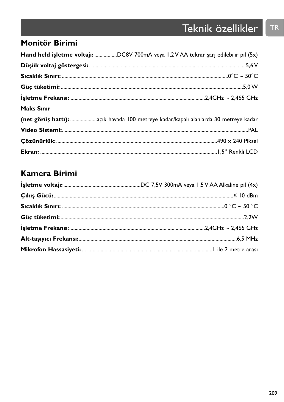 Teknik özellikler, Monitör birimi, Kamera birimi | Philips SCD491 User Manual | Page 208 / 211