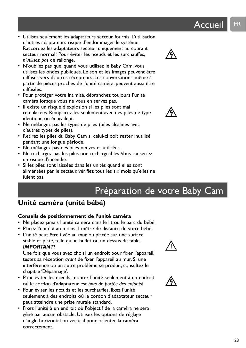 St t t, Accueil, Préparation de votre baby cam | Philips SCD491 User Manual | Page 22 / 211