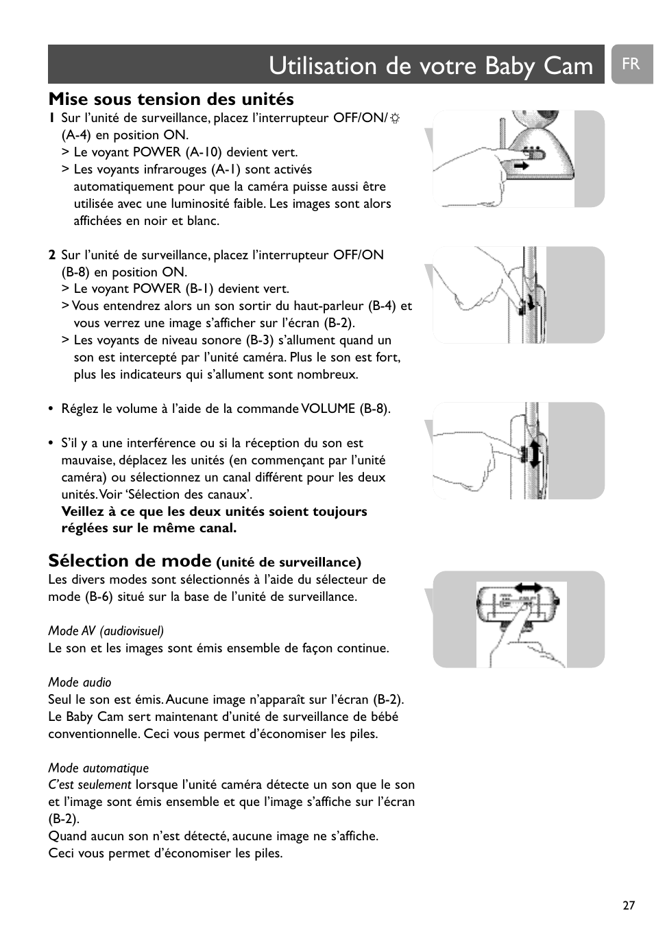 Utilisation de votre baby cam, Mise sous tension des unités, Sélection de mode | Philips SCD491 User Manual | Page 26 / 211