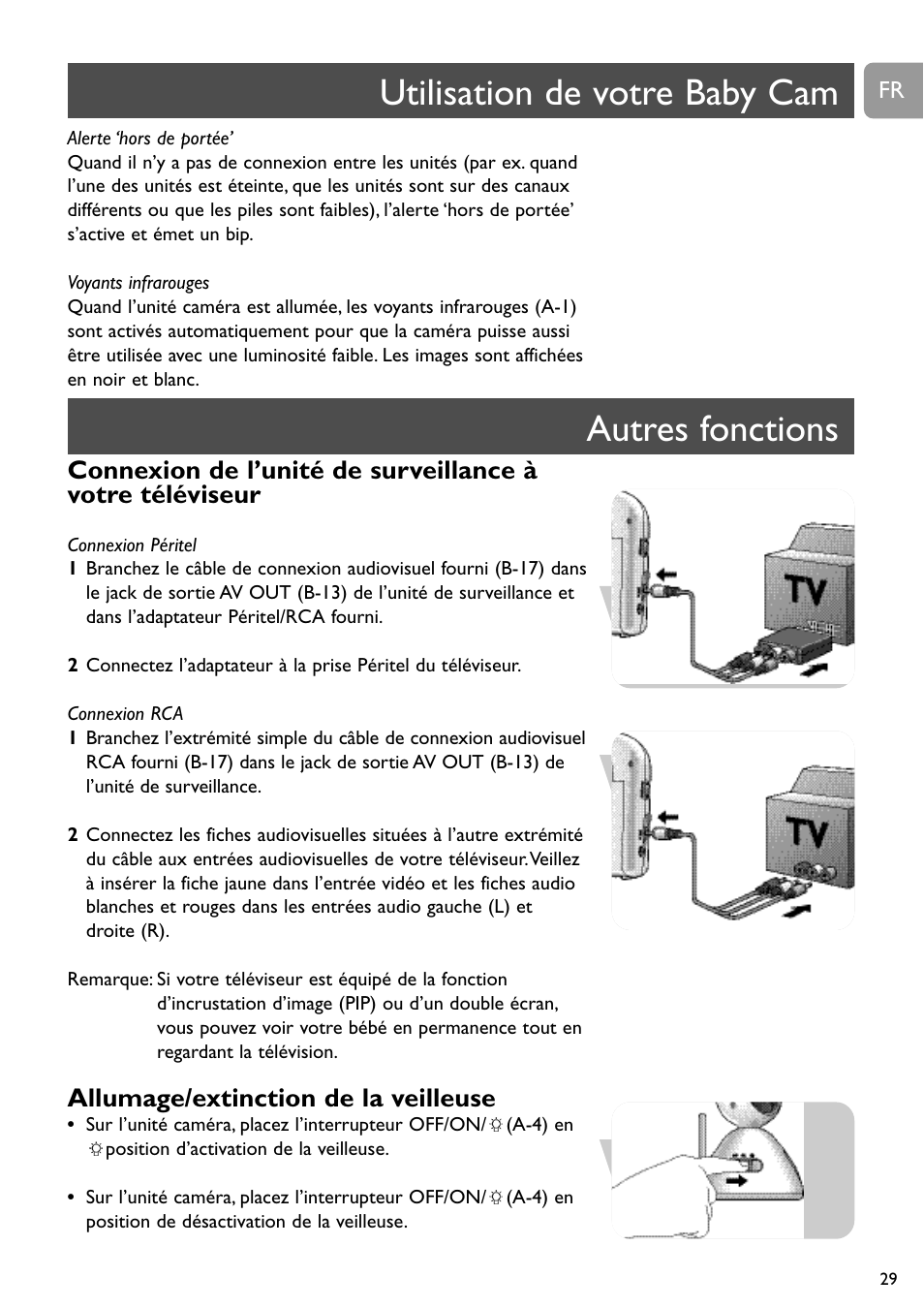 Utilisation de votre baby cam autres fonctions, Allumage/extinction de la veilleuse | Philips SCD491 User Manual | Page 28 / 211
