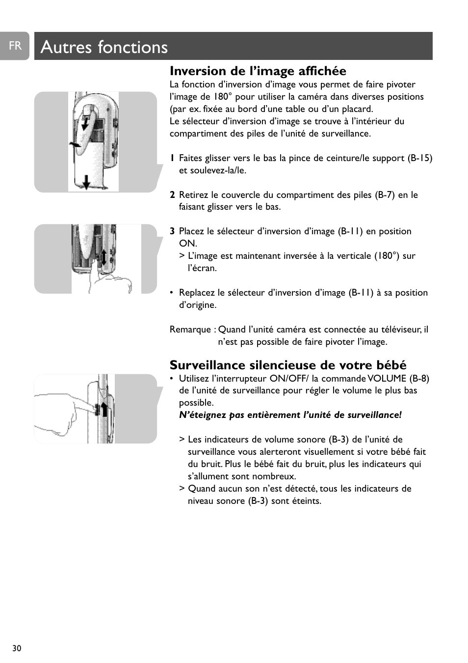 Autres fonctions, Inversion de l’image affichée, Surveillance silencieuse de votre bébé | Philips SCD491 User Manual | Page 29 / 211